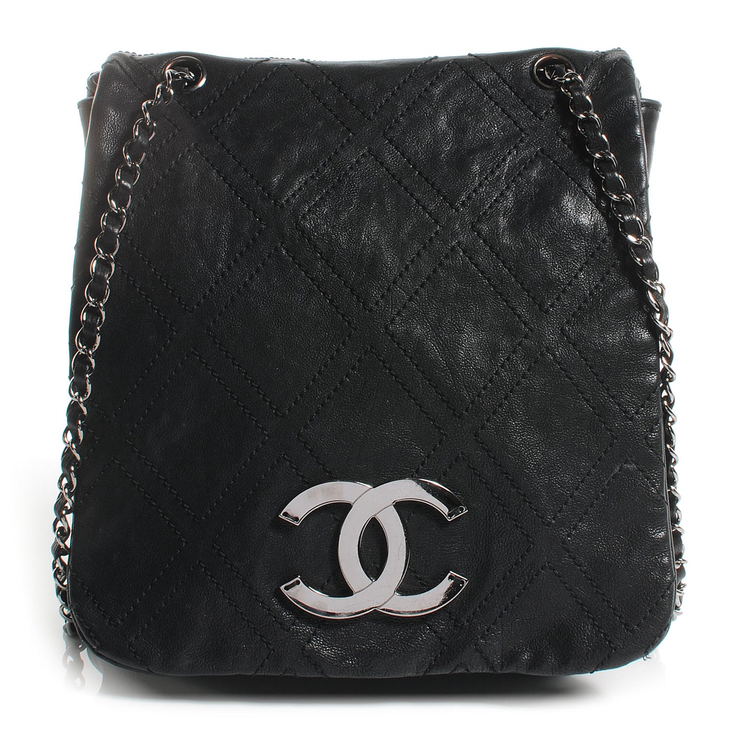 Leather Diamond Stitch Large Messenger Black