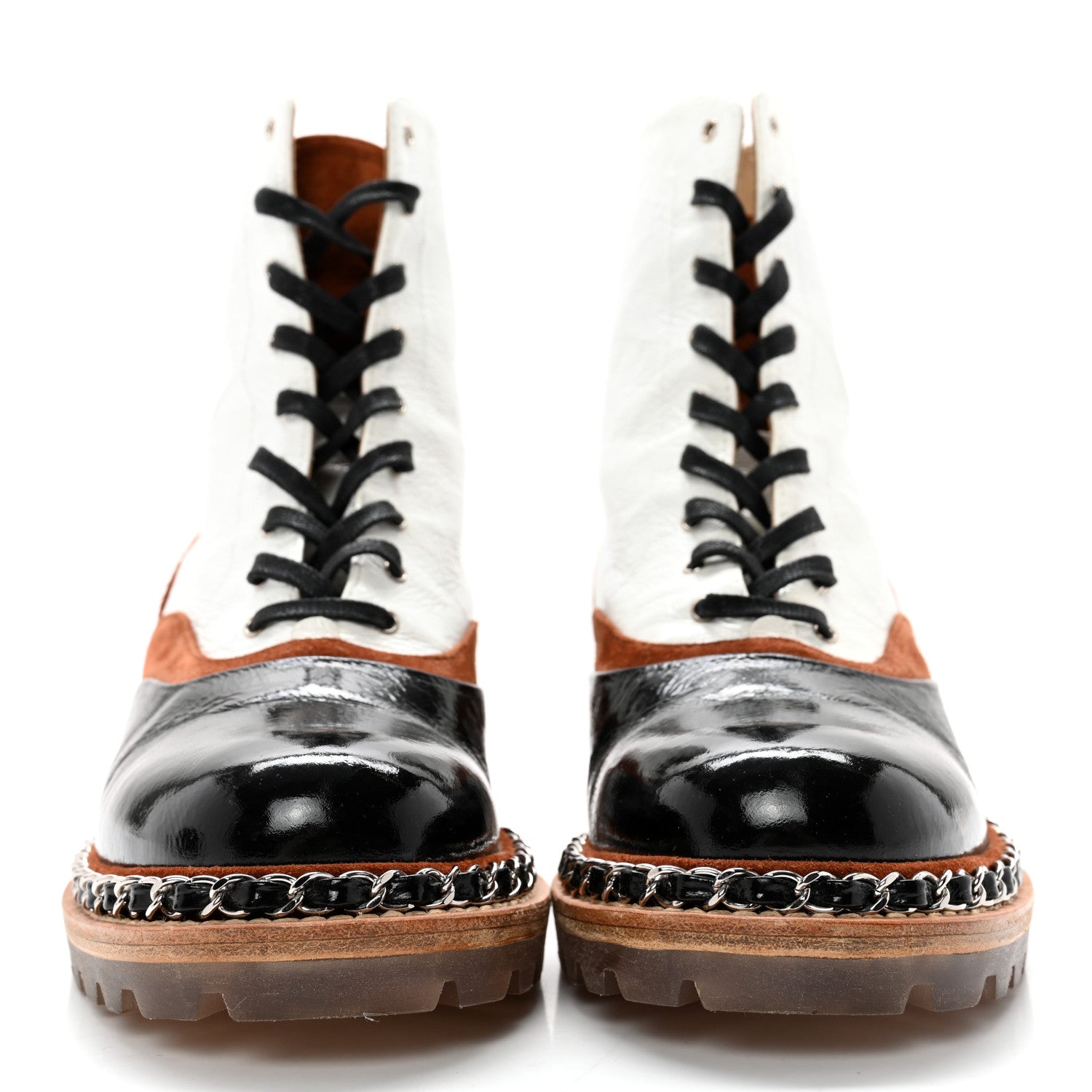 Chanel Patent Suede Lace Up Chain Boots 35.5 White Black 2 of 14