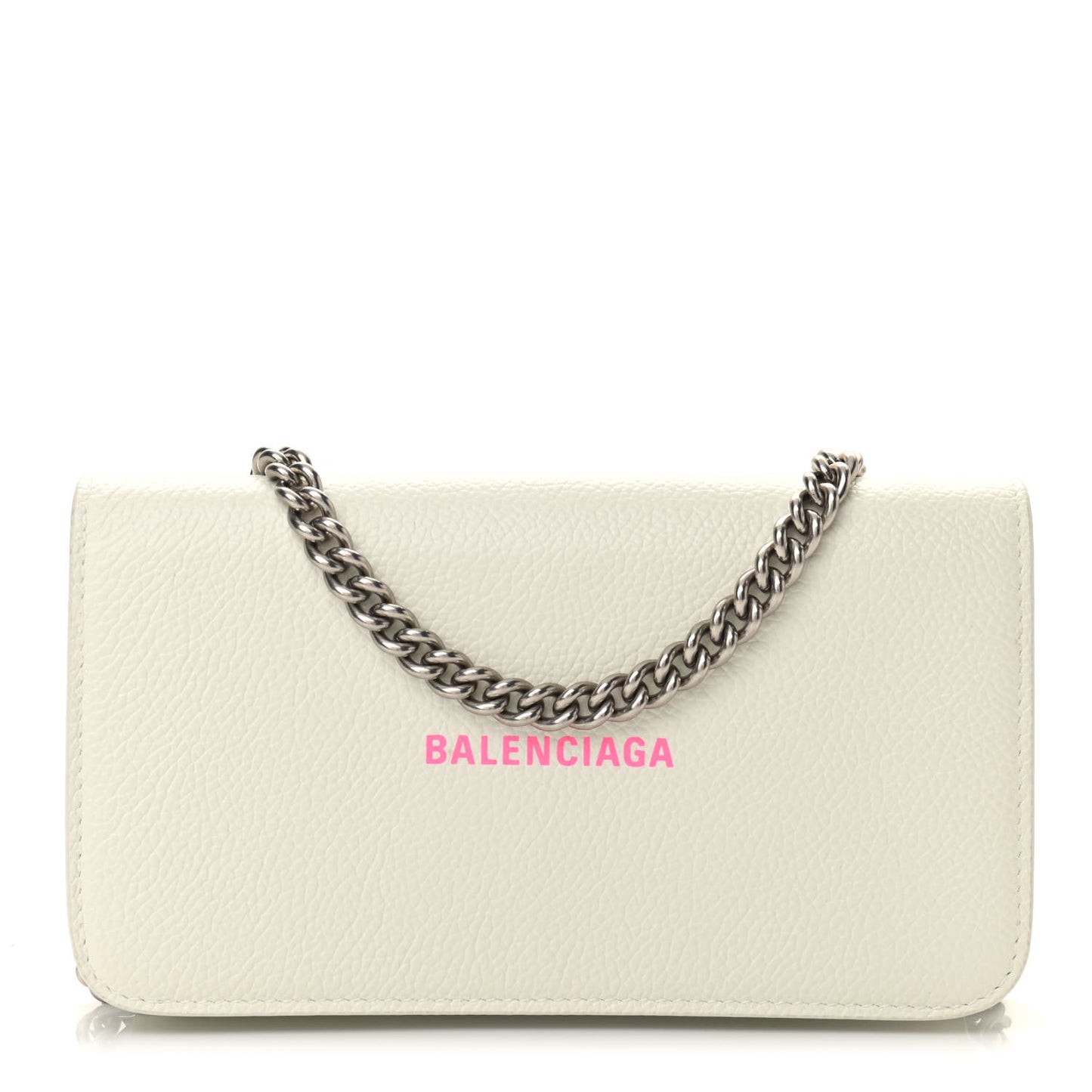 Grained Calfskin Logo Cash Phone Holder Wallet On Chain White Fluo Pink