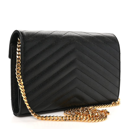 Saint Laurent Grain De Poudre Matelasse Chevron Monogram Chain Wallet Black 3 of 10