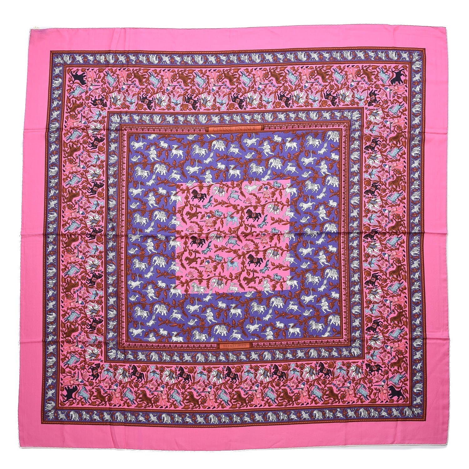 Hermes Cashmere Silk Chasse En Inde Shawl 140 Rose Bonbon Lavende Gris 1 of 5