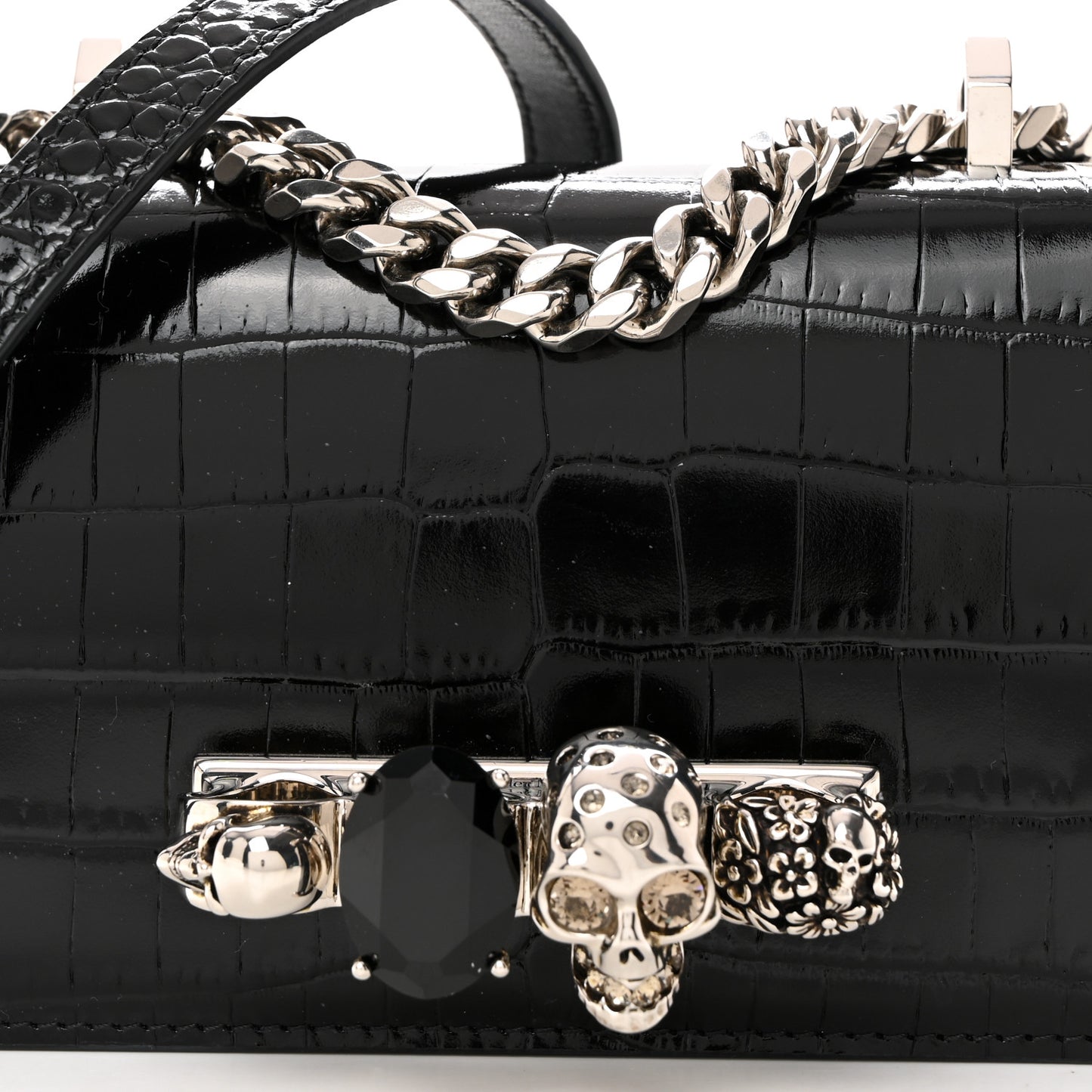 Calfskin Shiny Crocodile Embossed Jeweled Satchel Black