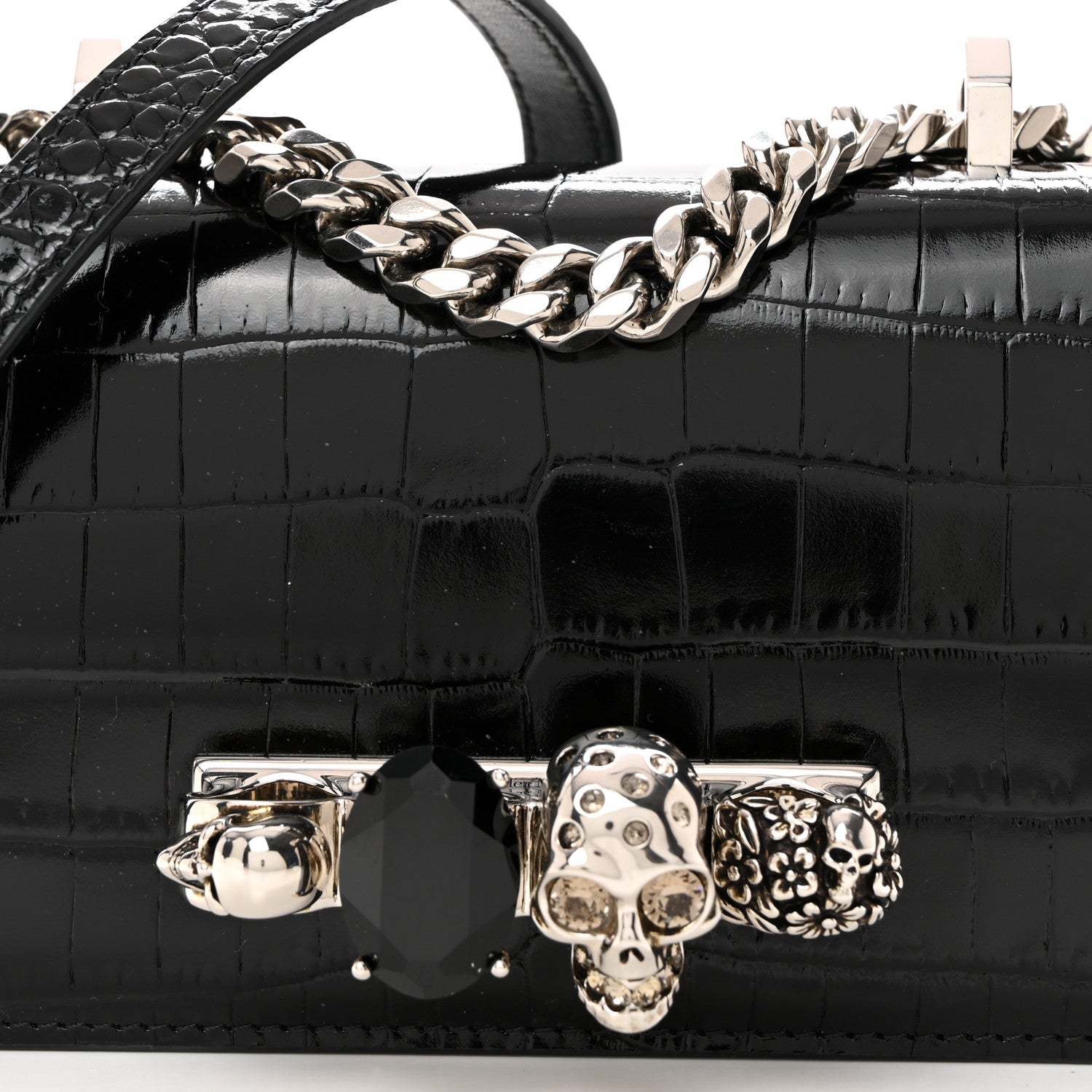 Alexander McQueen Calfskin Shiny Crocodile Embossed Jeweled Satchel Black 9 of 11