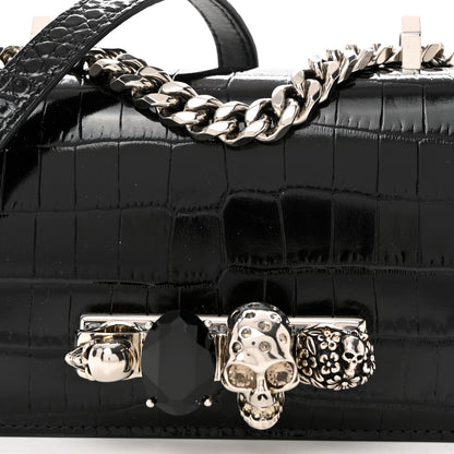 Alexander McQueen Calfskin Shiny Crocodile Embossed Jeweled Satchel Black 9 of 11