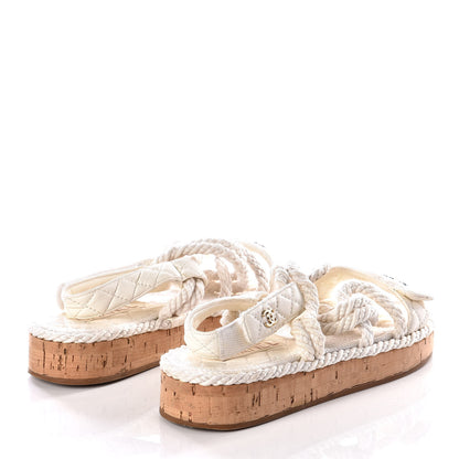 Chanel Cord Lambskin Quilted Logo Sandals 38 White 4 of 11