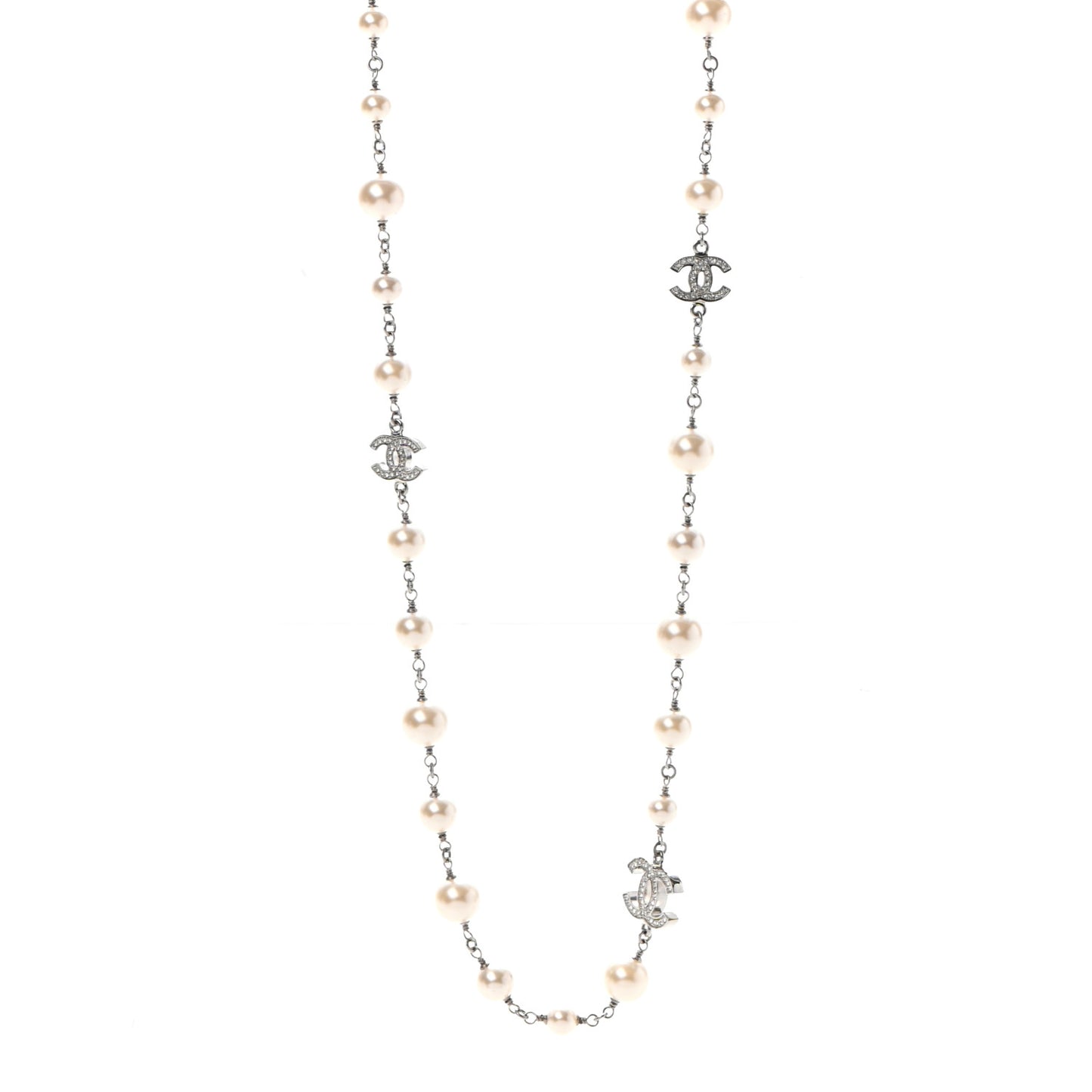 Crystal Pearl CC Long Necklace Silver