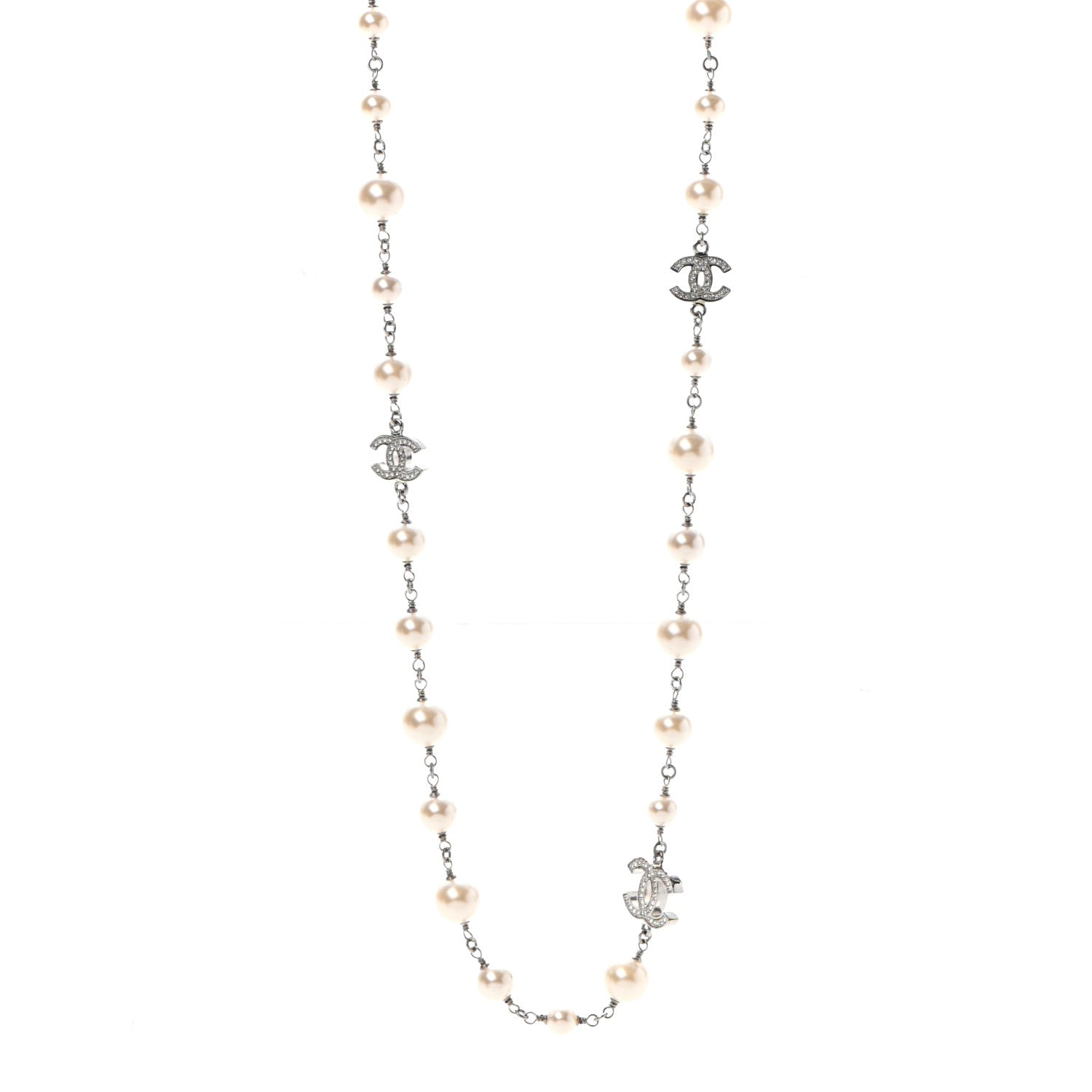Chanel Crystal Pearl CC Long Necklace Silver 1 of 5