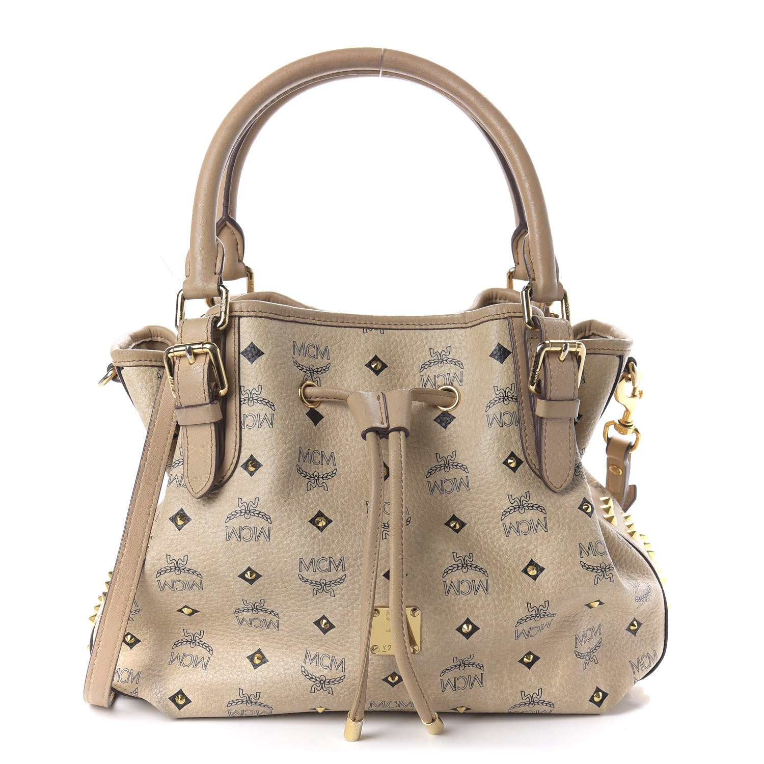 MCM Visetos Studded Drawstring Bucket Bag Beige 1 of 14