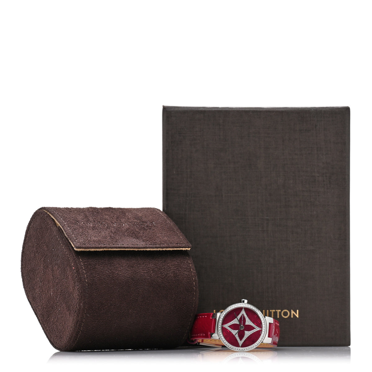 Louis Vuitton Stainless Steel Vernis Diamond 28mm Tambour Slim Quartz Watch Red 5 of 5