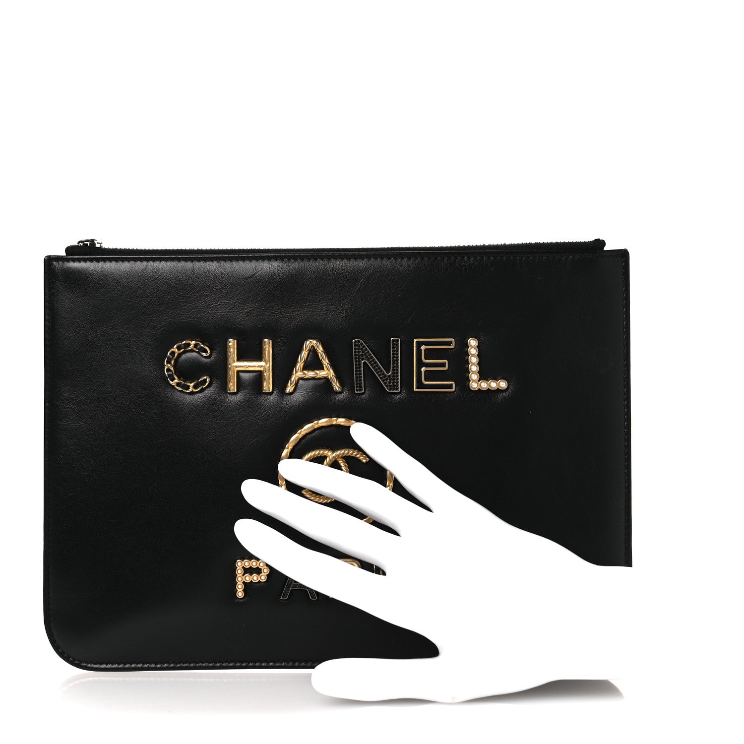 Chanel Shiny Calfskin Crystal Pearl Logo Cosmetic Case Black 2 of 11