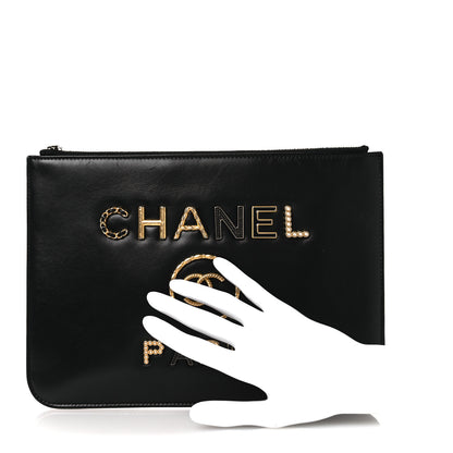 Chanel Shiny Calfskin Crystal Pearl Logo Cosmetic Case Black 2 of 11