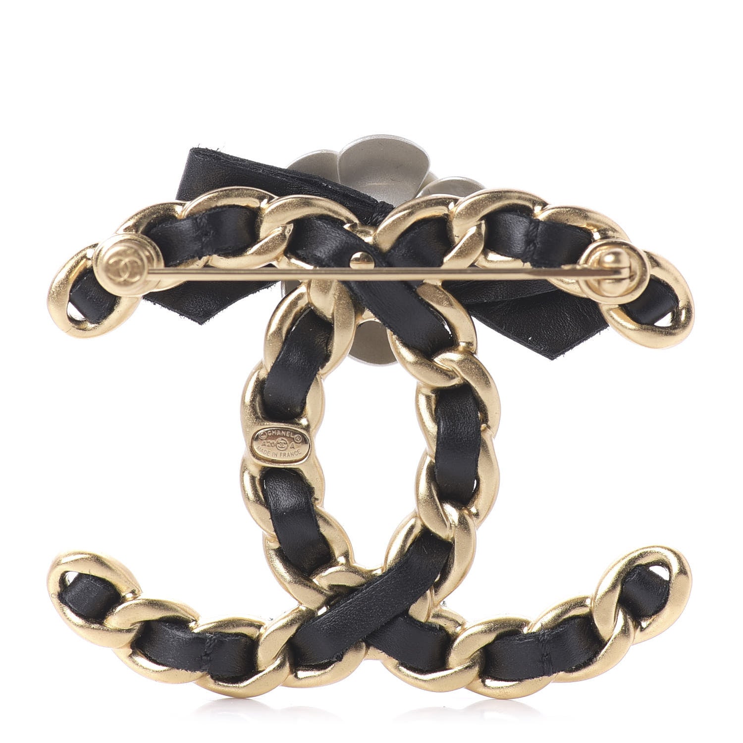 Chanel Metal Calfskin Chain 90's Camellia Brooch Black Gold 3 of 5