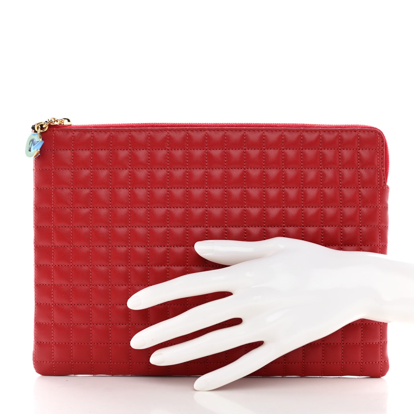 Calfskin Quilted C Charm Pouch Red
