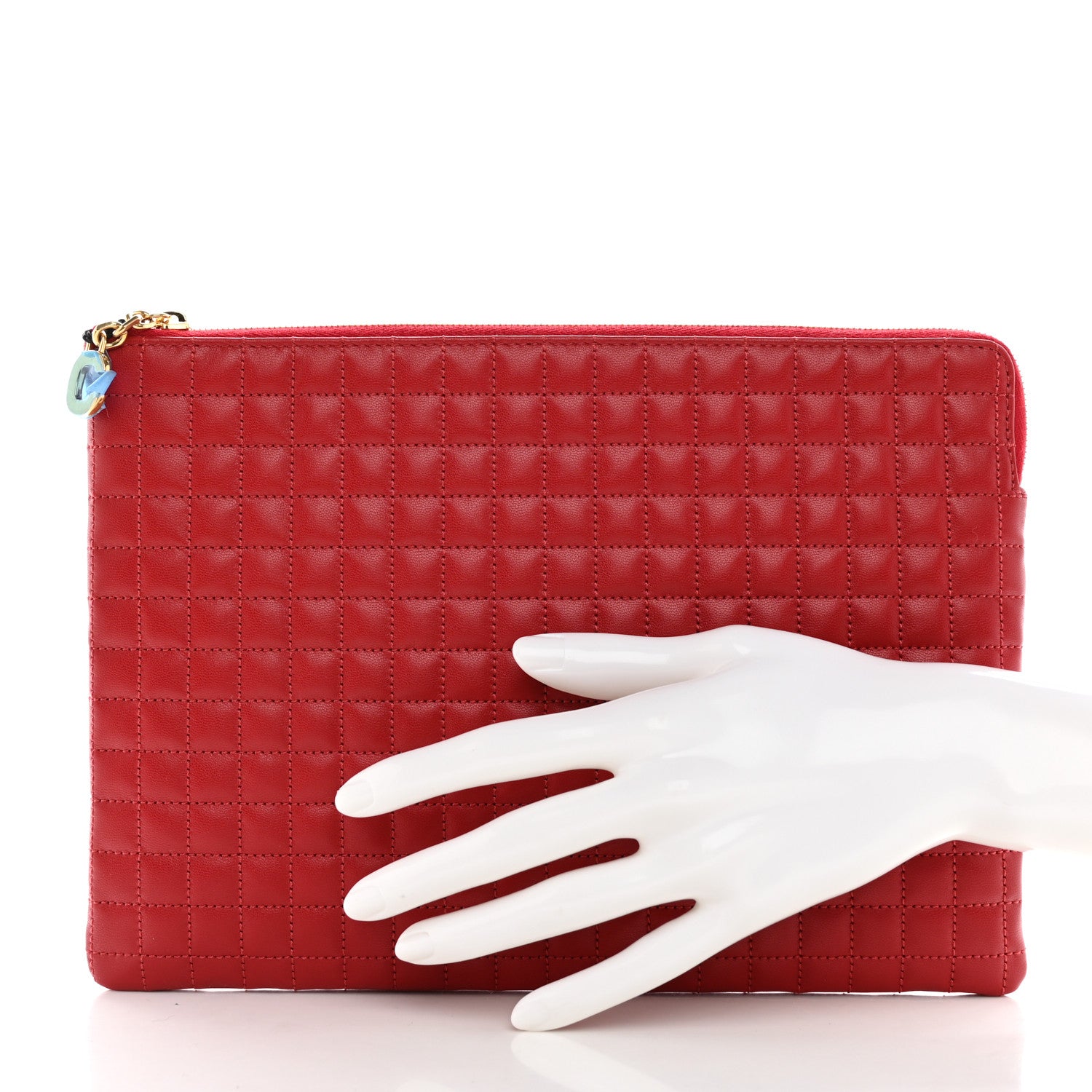 Celine Calfskin Quilted C Charm Pouch Red 2 of 6