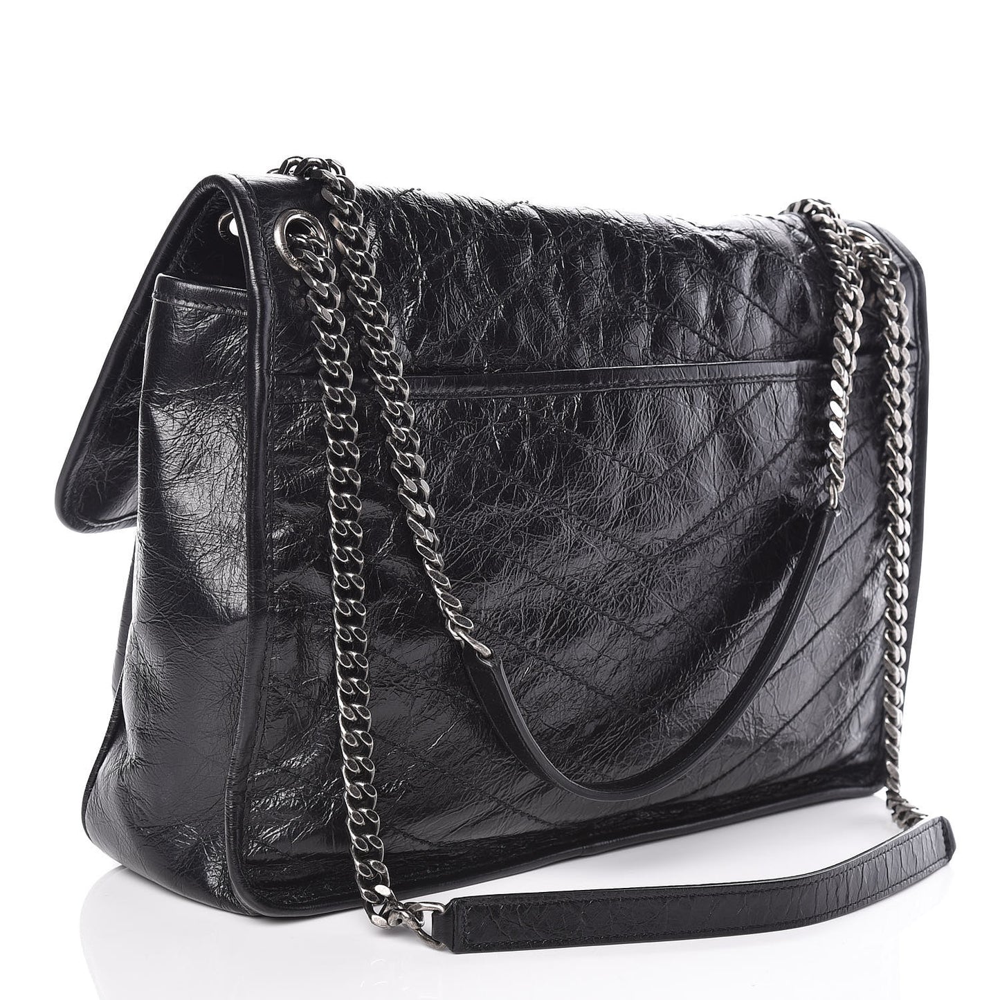 Crinkled Calfskin Matelasse Monogram Large Niki Chain Satchel Black