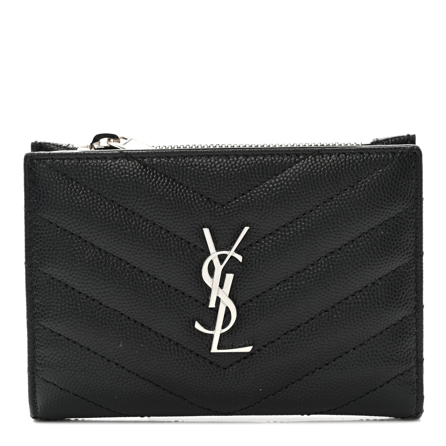 Saint Laurent Grain De Poudre Matelasse Chevron Monogram Zipped Two-Part Wallet Black 1 of 9