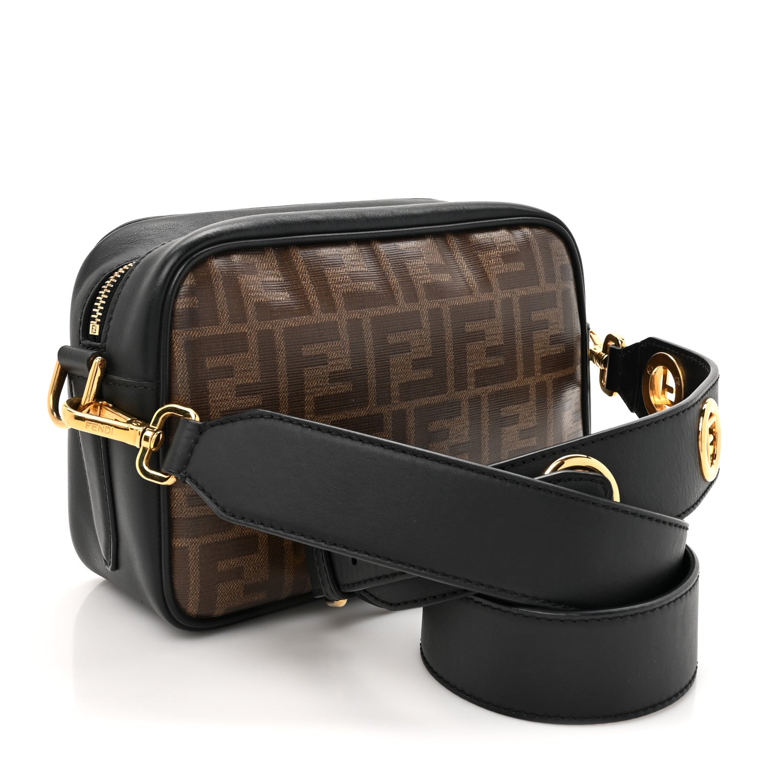 Fendi Glazed Fabric Vitello Century F is Fendi FF 1974 Stamp Patch Camera Case Mogano Panna Black 3 of 11