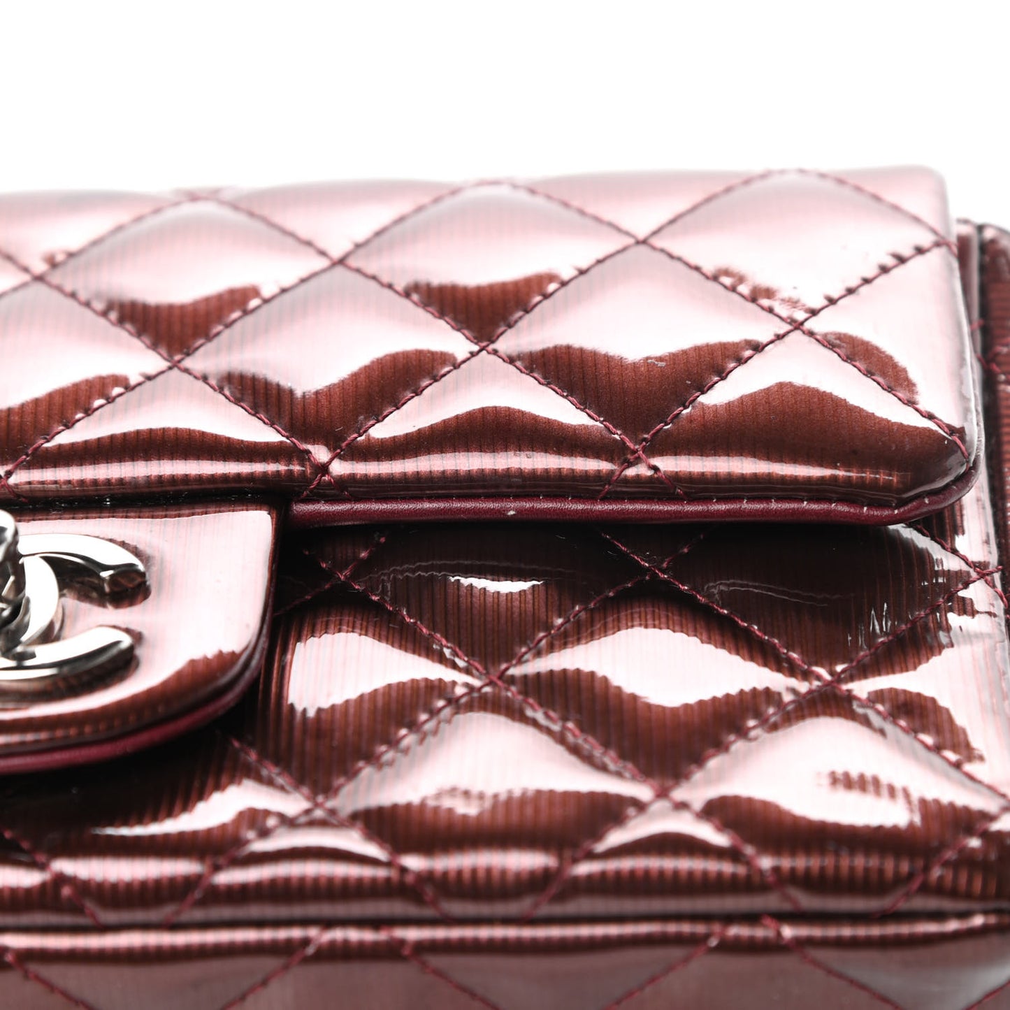 Striated Patent Quilted Mini Rectangular Flap Burgundy