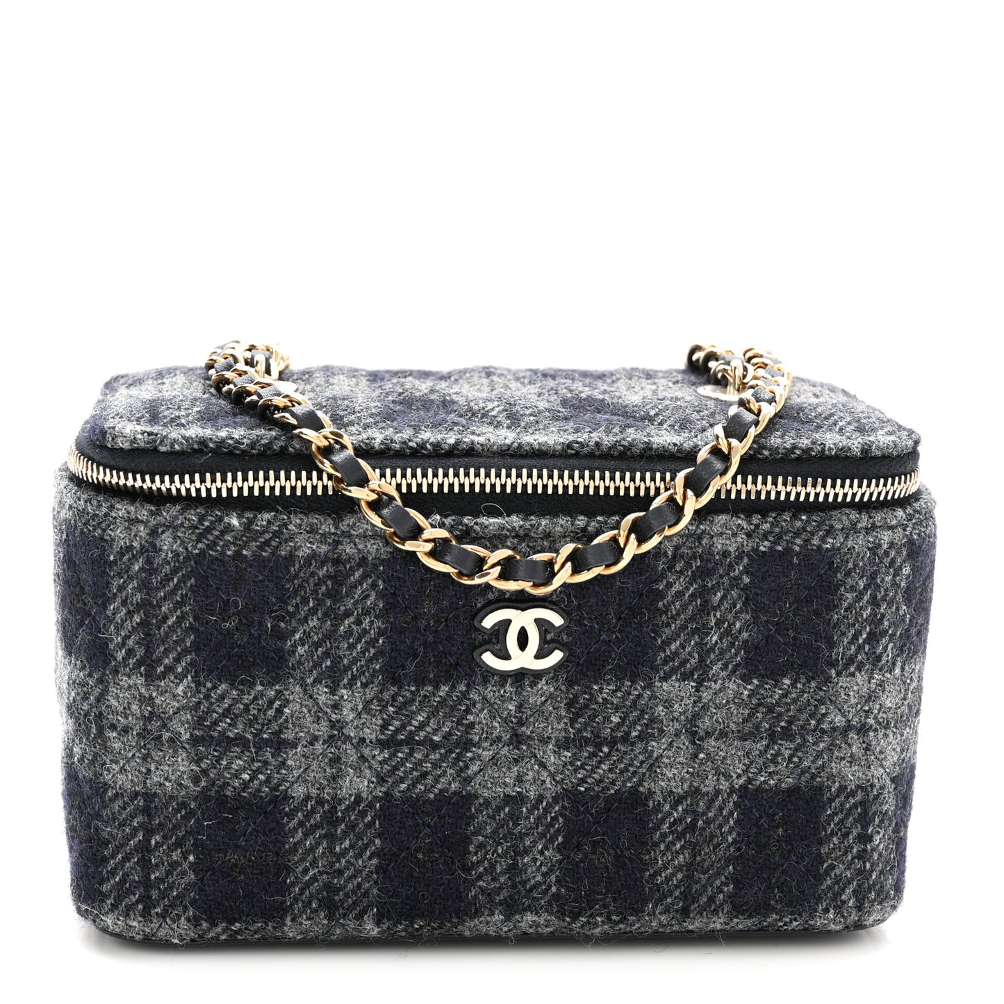 Wool Plaid Quilted Small Vanity Case With Chain Blue