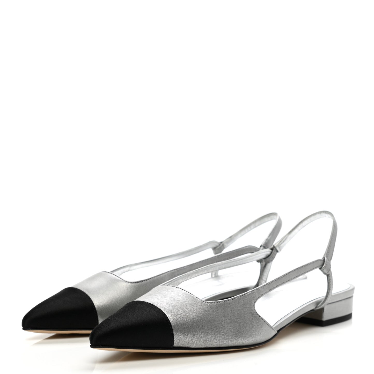 Metallic Lambskin Cap Toe CC Slingback Flats 37.5 Black Silver