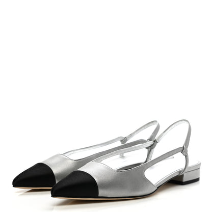 Chanel Metallic Lambskin Cap Toe CC Slingback Flats 37.5 Black Silver 3 of 10
