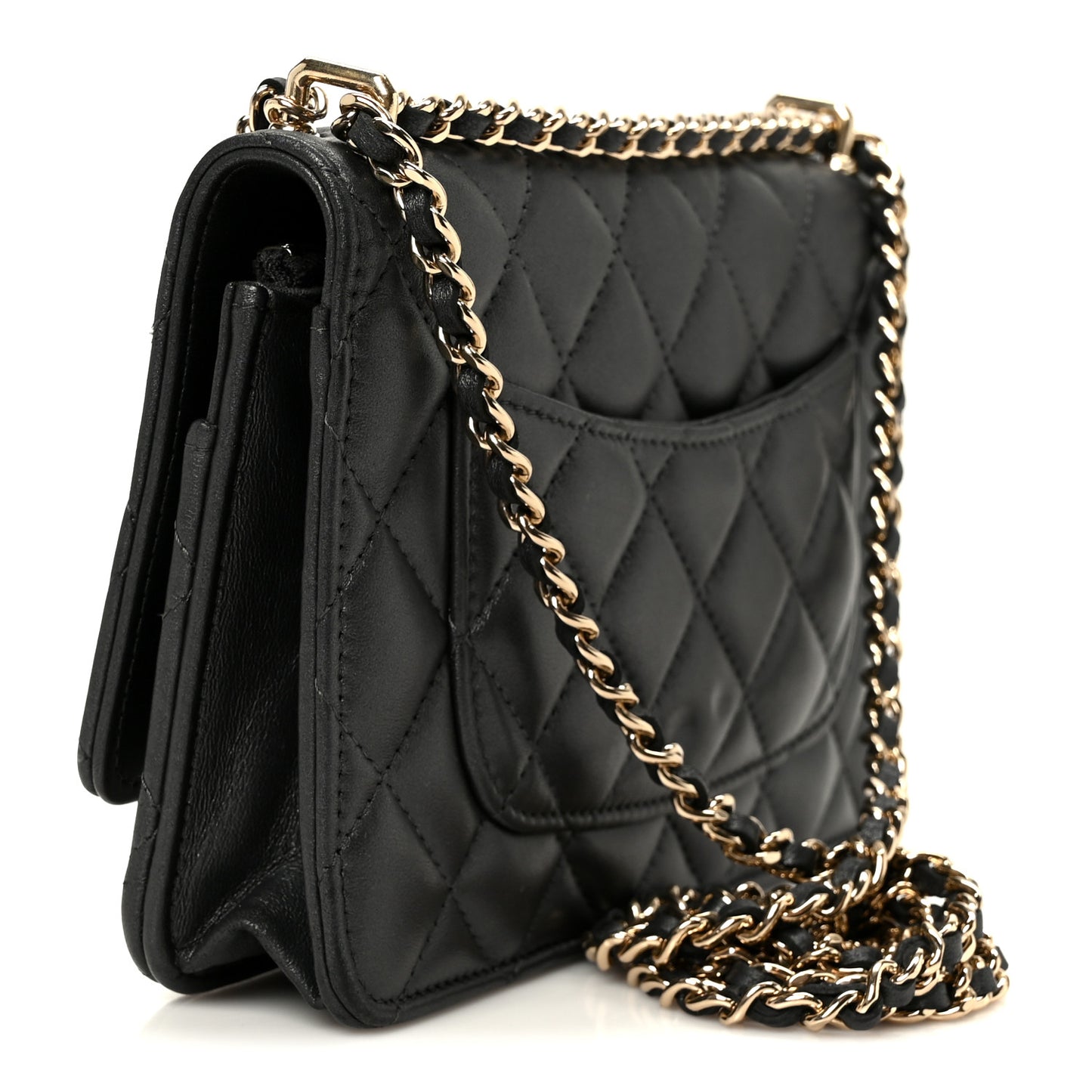 Pearly Lambskin Quilted Charms Wallet On Chain WOC Black
