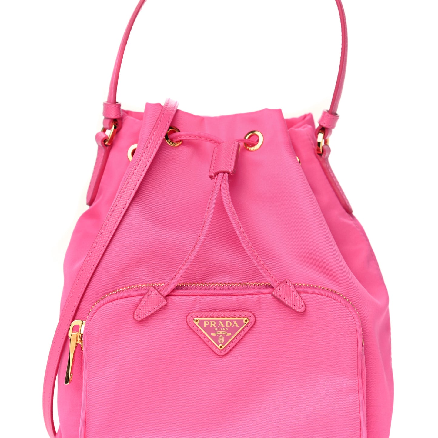 Re-Nylon Saffiano Duet Bucket Crossbody Bag Fuxia