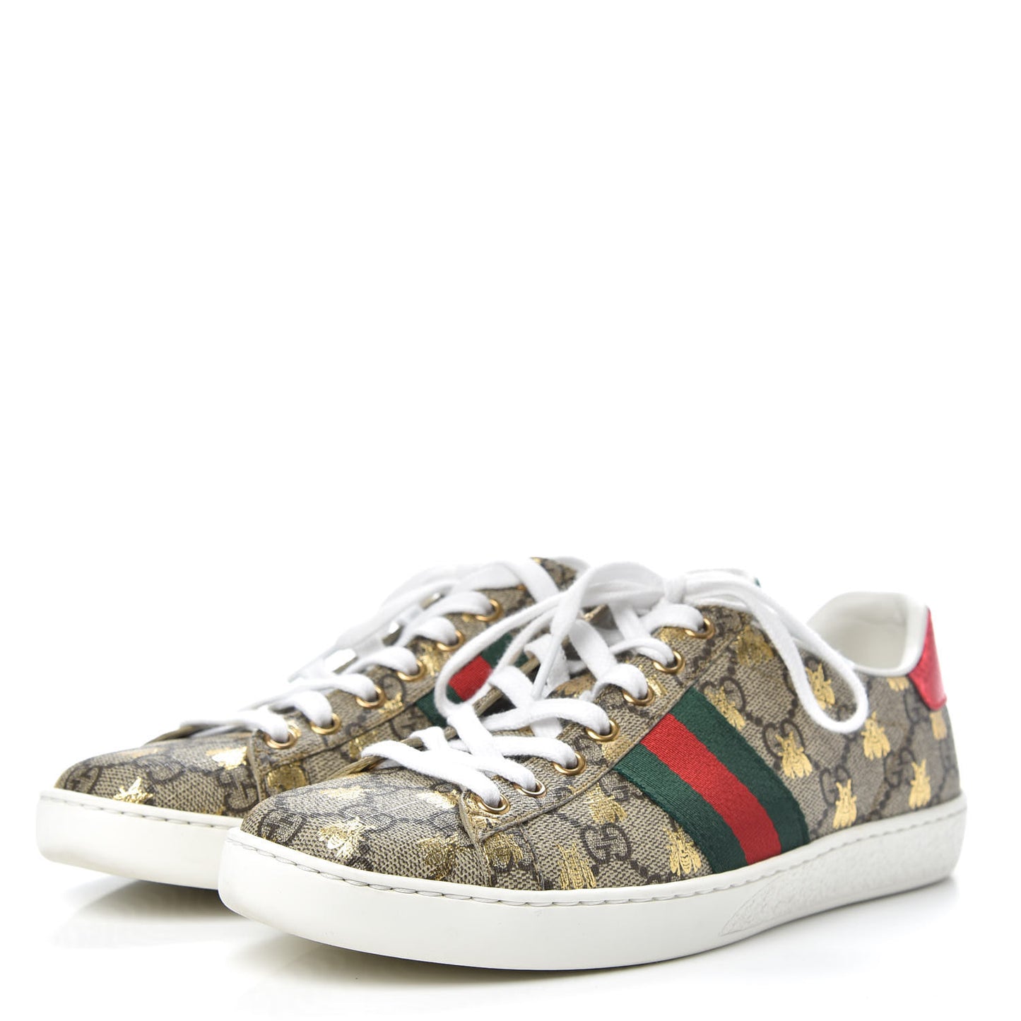 GG Supreme Monogram Bees Ayers Web Womens Ace Sneakers 37 Beige Oro Green Red