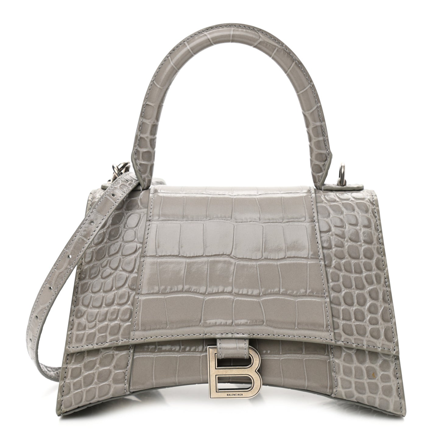 Shiny Calfskin Crocodile Embossed Small Hourglass Top Handle Bag Steel Grey