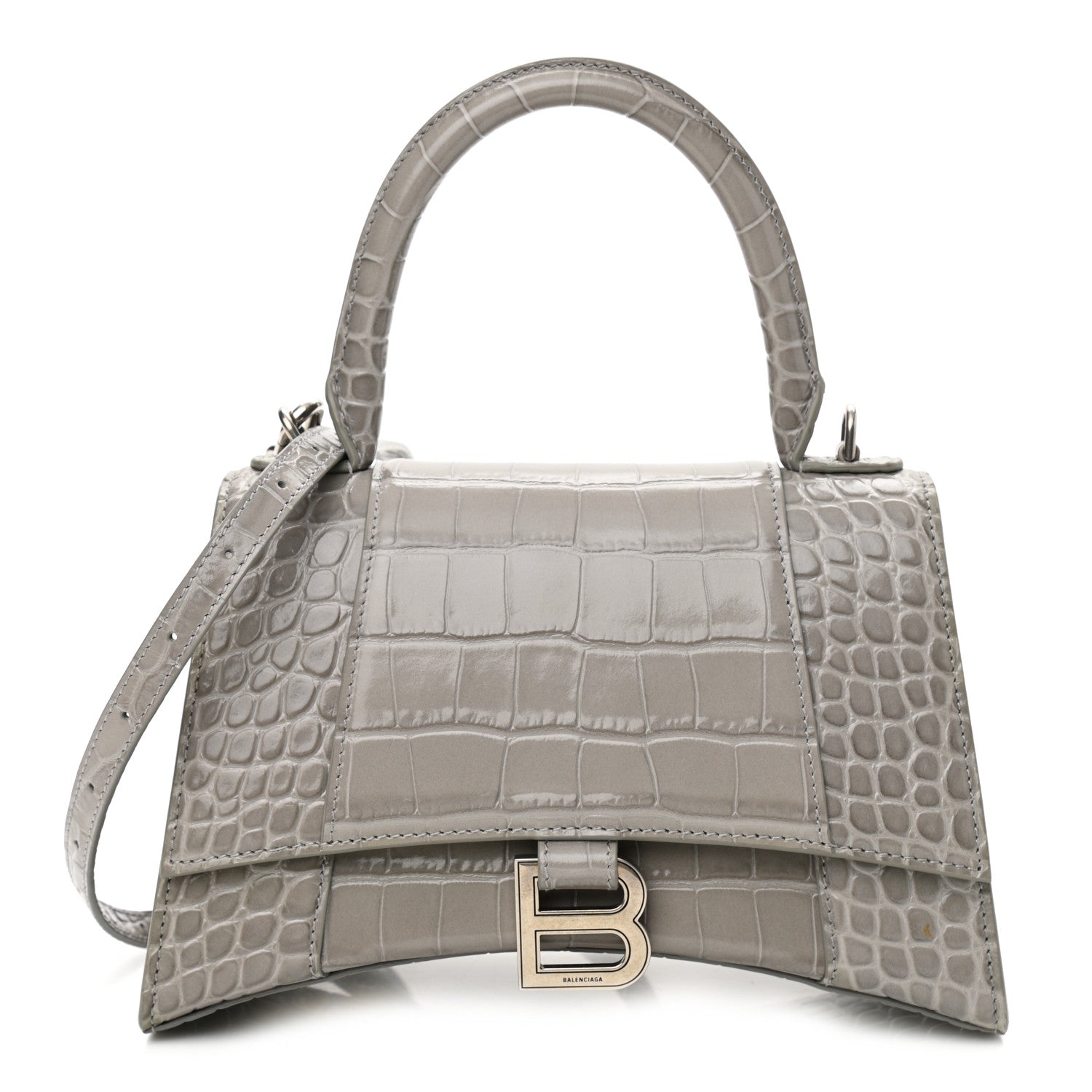 Balenciaga Shiny Calfskin Crocodile Embossed Small Hourglass Top Handle Bag Steel Grey 1 of 11