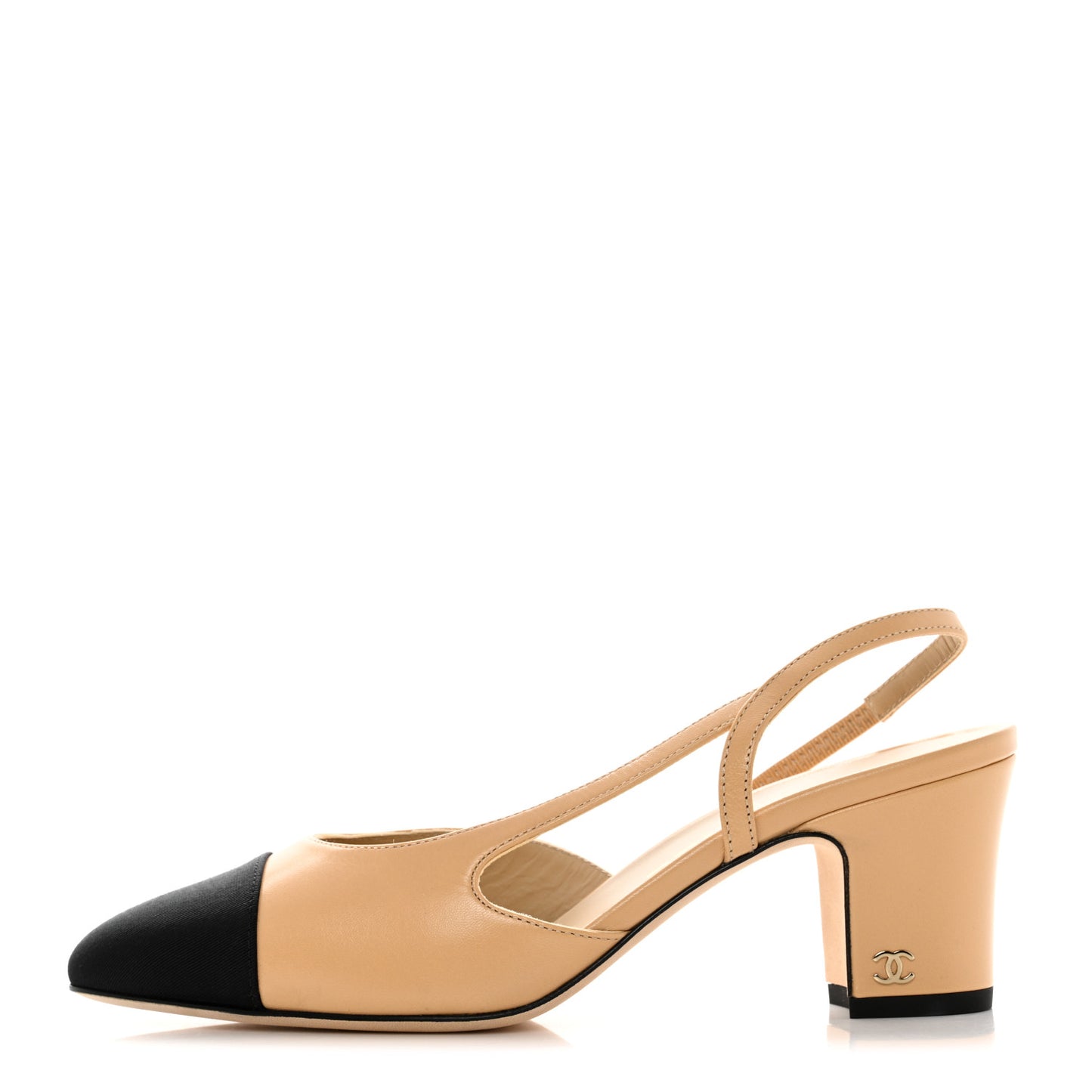 Goatskin Grosgrain Cap Toe CC Slingback Pumps 37 Beige Black