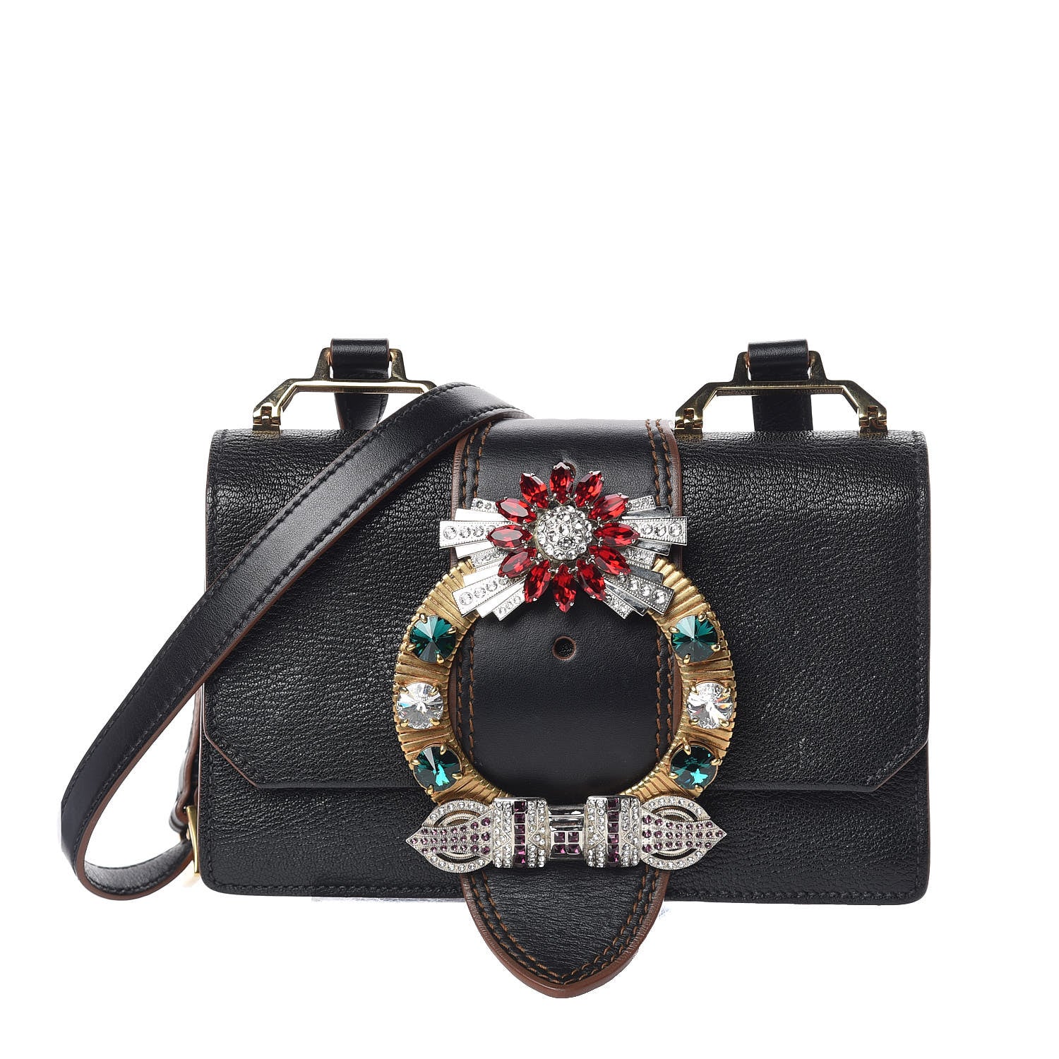 Miu Miu Goatskin Madras Soft Calf Crystal Embellished Shoulder Bag Black 4 of 16