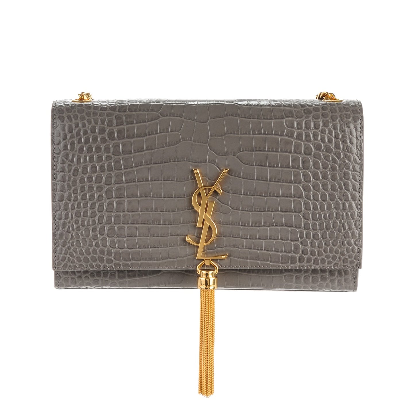 Calfskin Crocodile Embossed Medium Classic Monogram Kate Tassel Satchel Fog