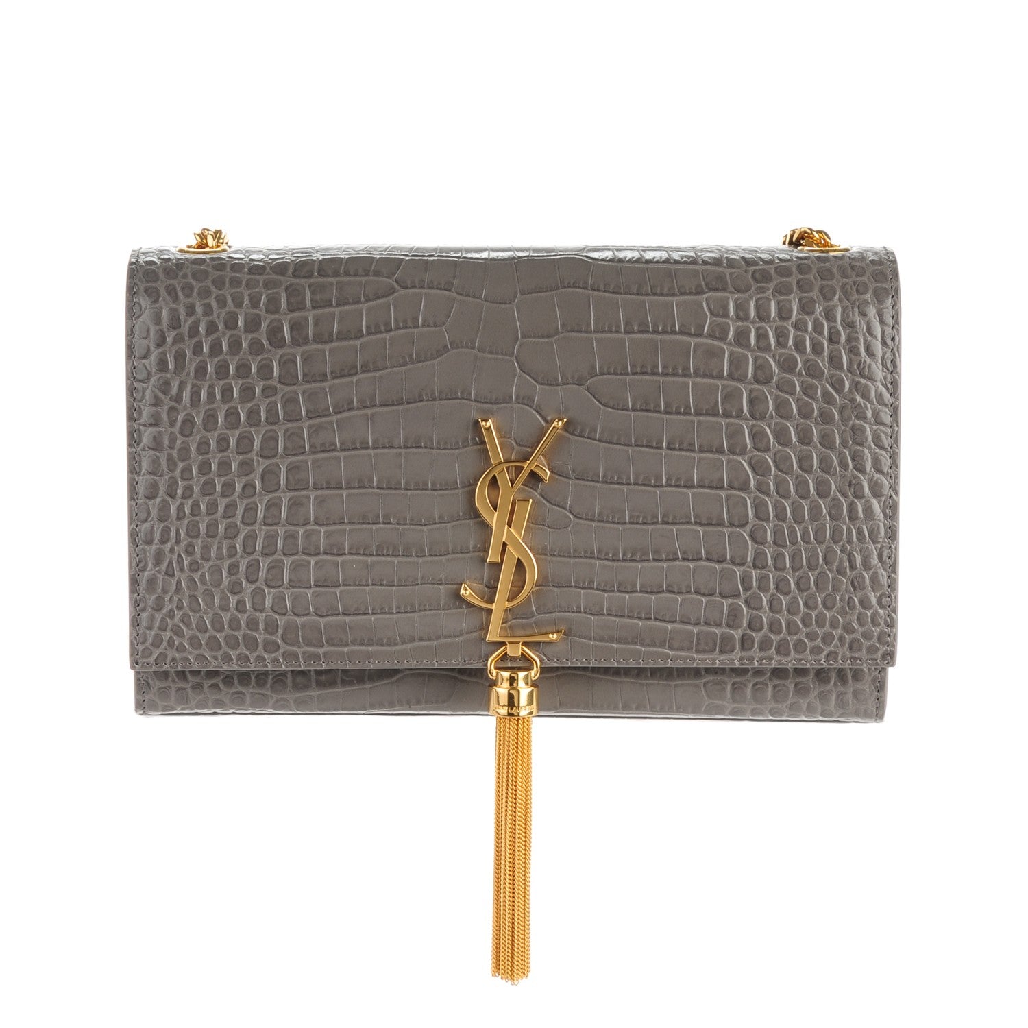 Saint Laurent Calfskin Crocodile Embossed Medium Classic Monogram Kate Tassel Satchel Fog 1 of 7