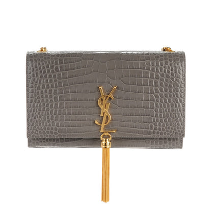 Saint Laurent Calfskin Crocodile Embossed Medium Classic Monogram Kate Tassel Satchel Fog 1 of 7