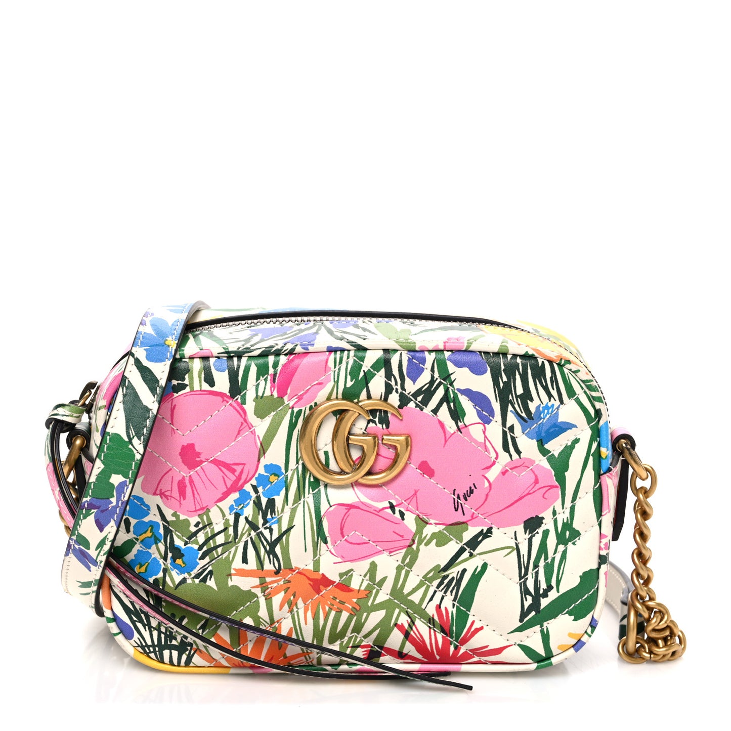 X KEN SCOTT Calfskin Matelasse Floral Print Mini GG Marmont Chain Shoulder Bag Ivory Pink