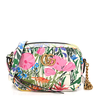 Gucci X KEN SCOTT Calfskin Matelasse Floral Print Mini GG Marmont Chain Shoulder Bag Ivory Pink 1 of 10