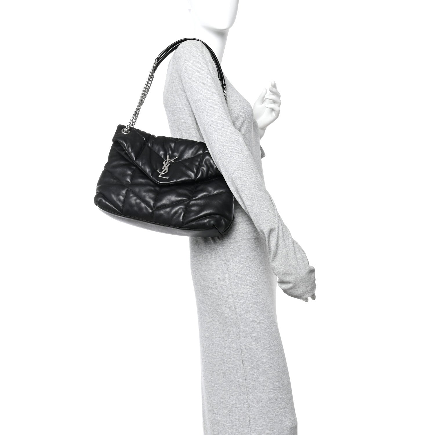 Saint Laurent Lambskin Quilted Medium Loulou Puffer Monogram Chain Satchel Black 2 of 15