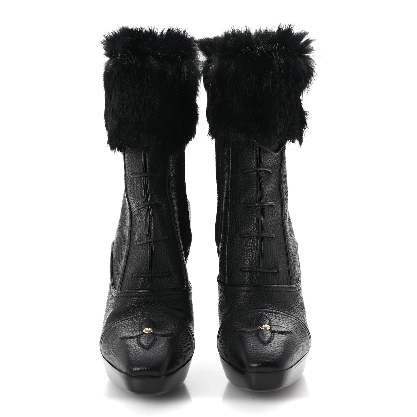 Grained Calfskin Fur Platform Ankle Boots 37.5 Black