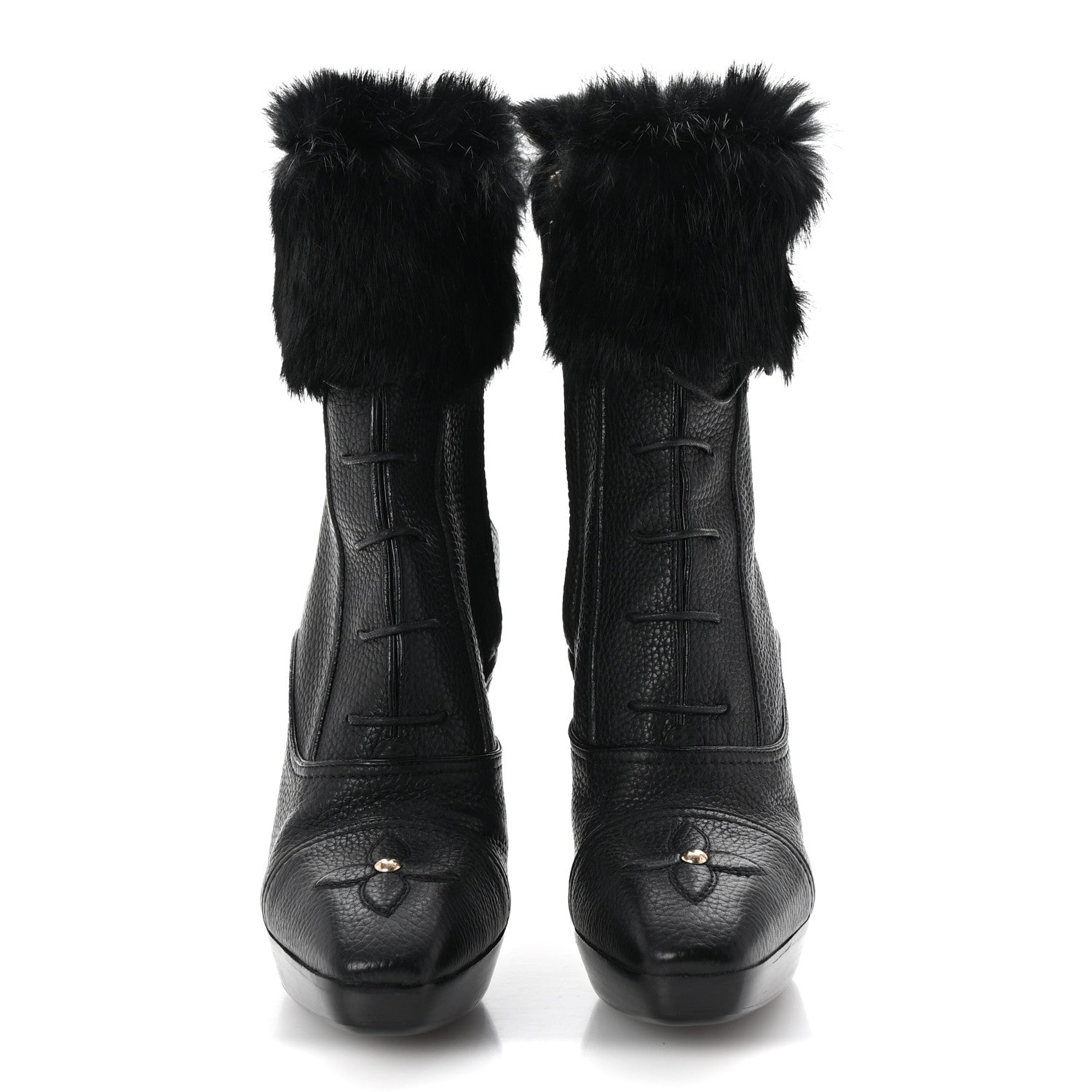 Louis Vuitton Grained Calfskin Fur Platform Ankle Boots 37.5 Black 3 of 9