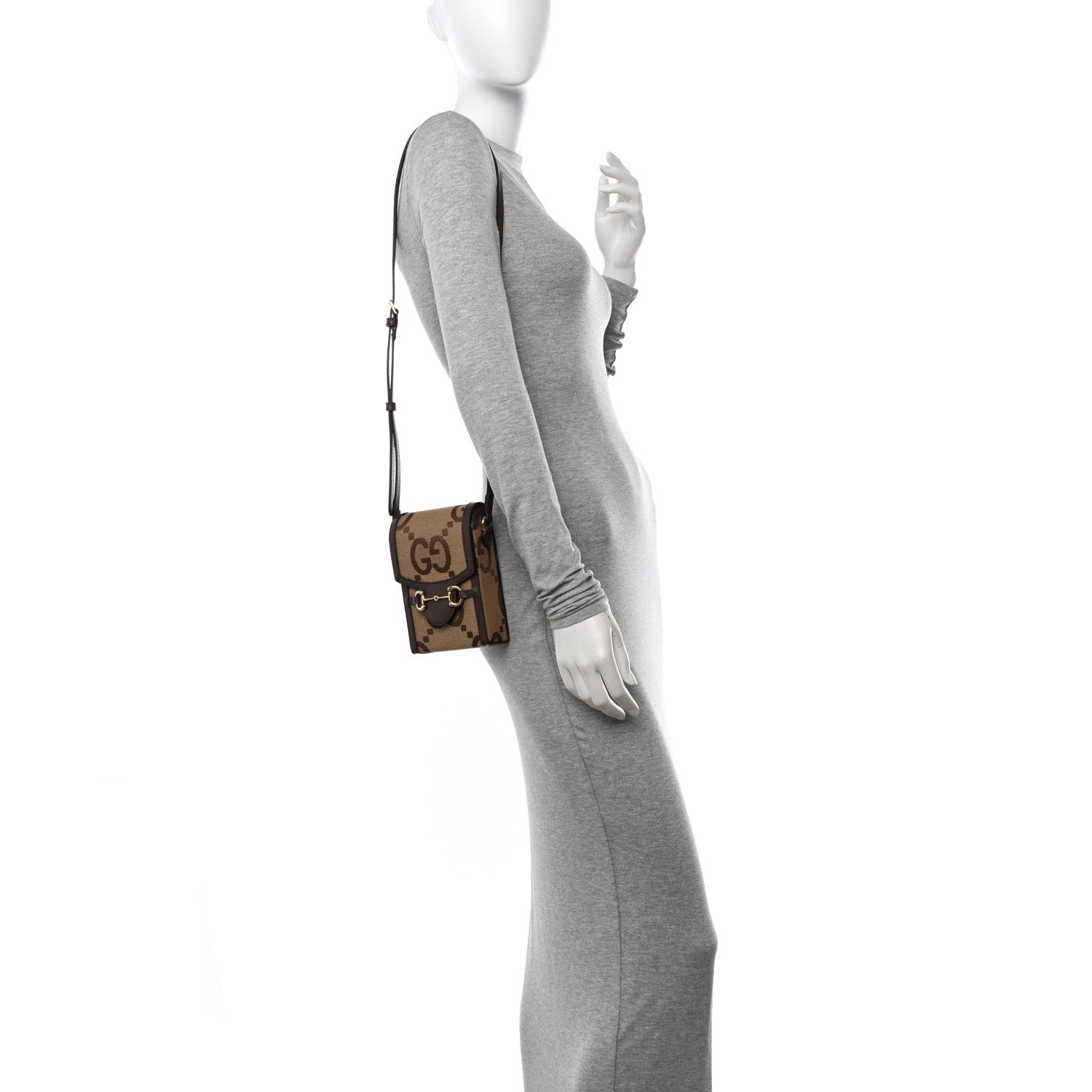 Gucci Monogram Jumbo GG Textured Dollar Calfskin Mini Horsebit 1955 Crossbody Bag Camel Ebony New Acero 2 of 11