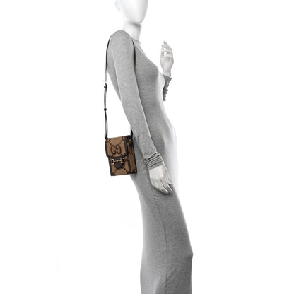Gucci Monogram Jumbo GG Textured Dollar Calfskin Mini Horsebit 1955 Crossbody Bag Camel Ebony New Acero 2 of 11
