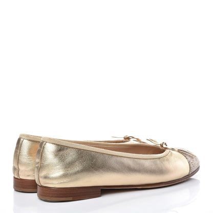 Chanel Metallic Lambskin Caviar CC Cap Toe Ballerina Flats 37.5 Light Gold 4 of 11