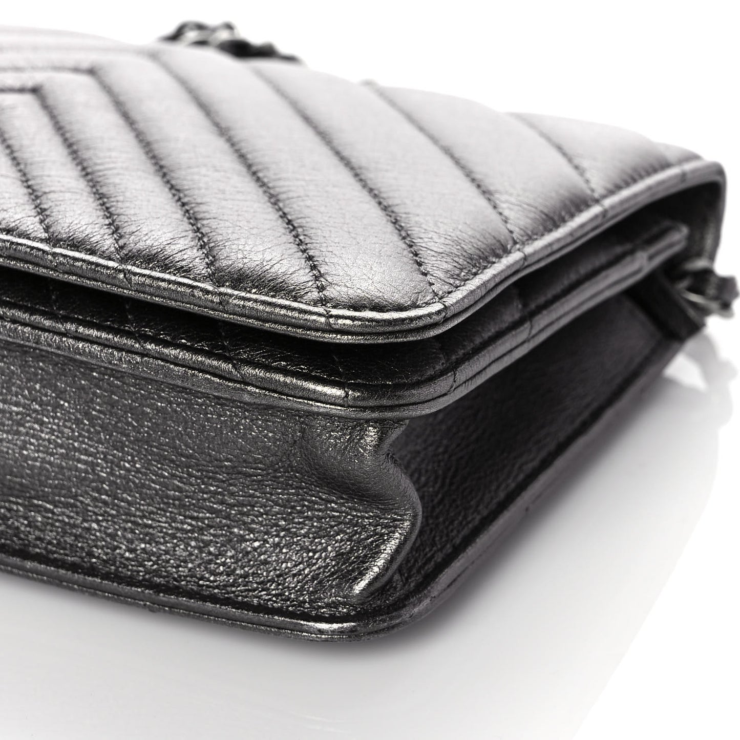Metallic Calfskin Chevron Quilted Wallet On Chain WOC Dark Silver