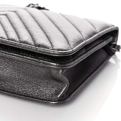 Chanel Metallic Calfskin Chevron Quilted Wallet On Chain WOC Dark Silver 9 of 11