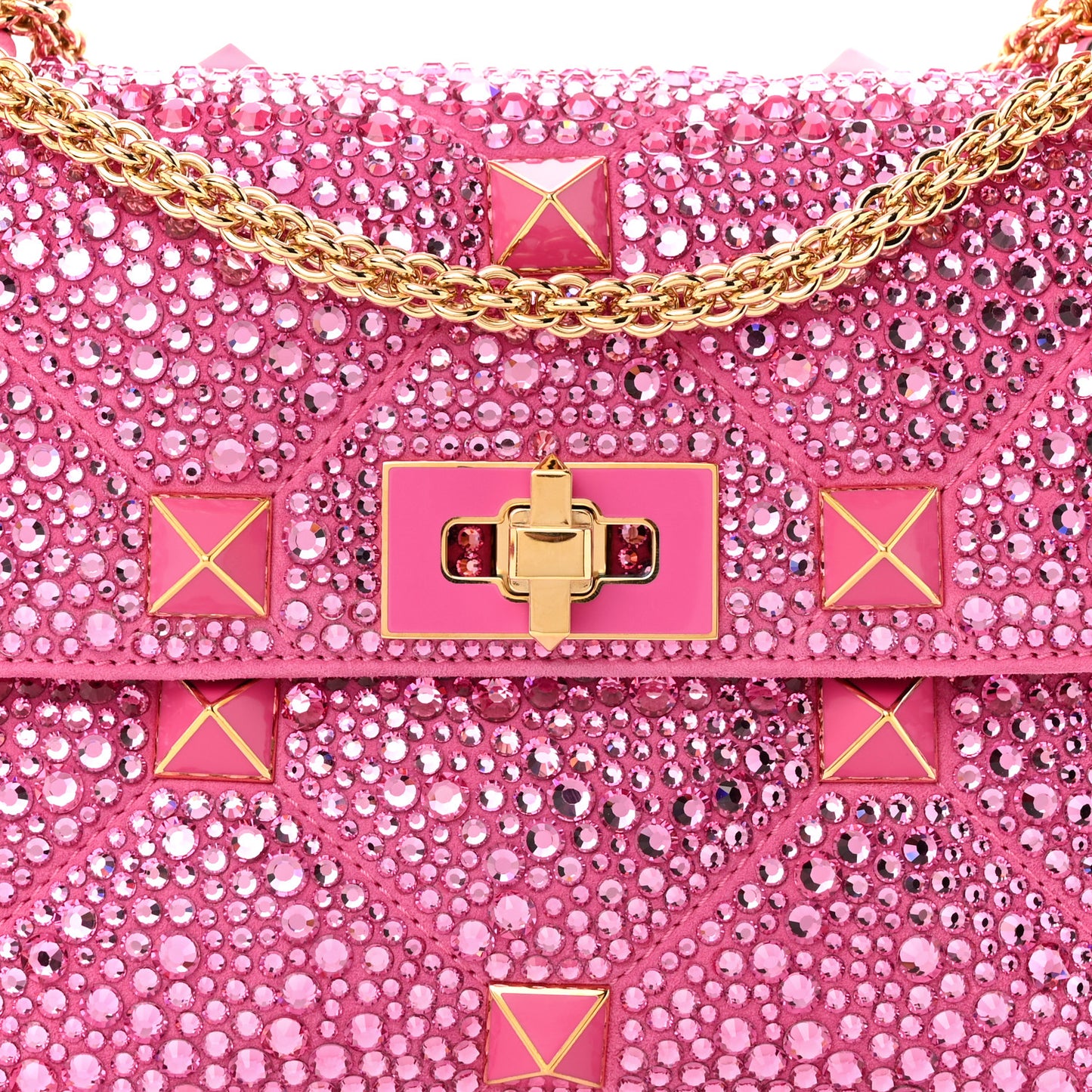 Crystal Suede Enamel Medium Roman Stud Shoulder Bag Pink PP