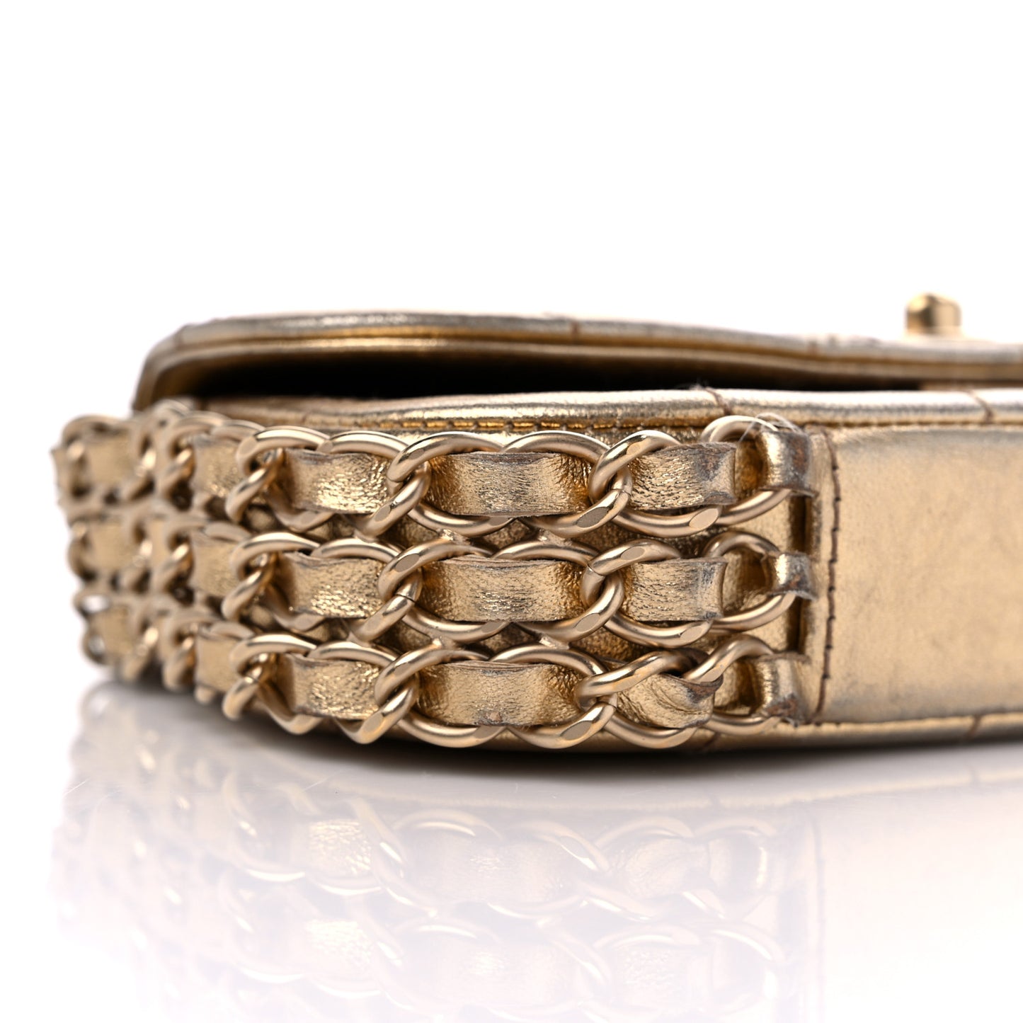 Metallic Lambskin Quilted Chocolate Bar 3 Chain Flap Gold