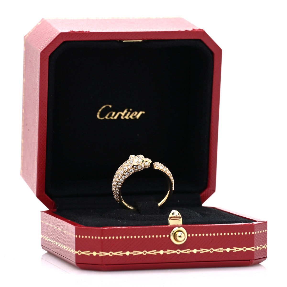 18K Yellow Gold Diamond Emerald Onyx Panthere De Cartier Band Ring 58 8.25