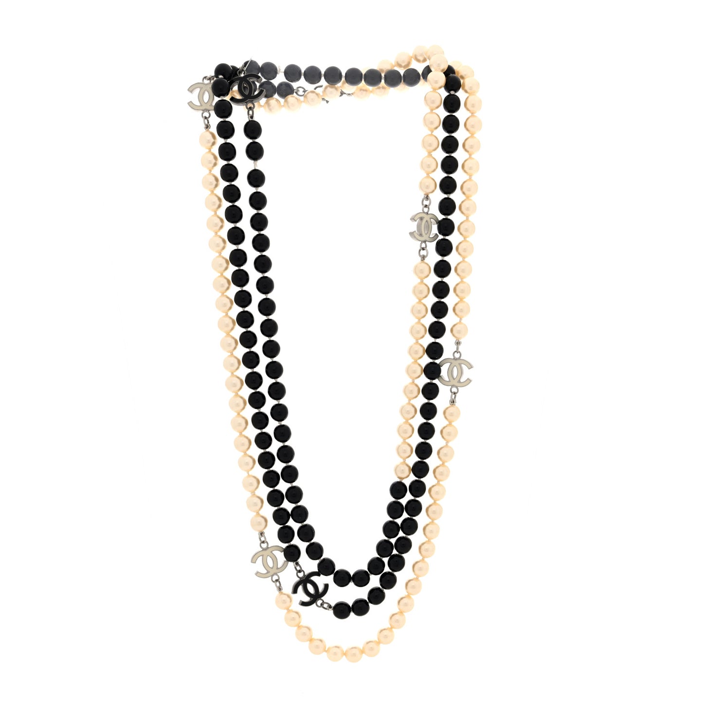Ruthenium Pearl Beaded Enamel CC Long Necklace White Black