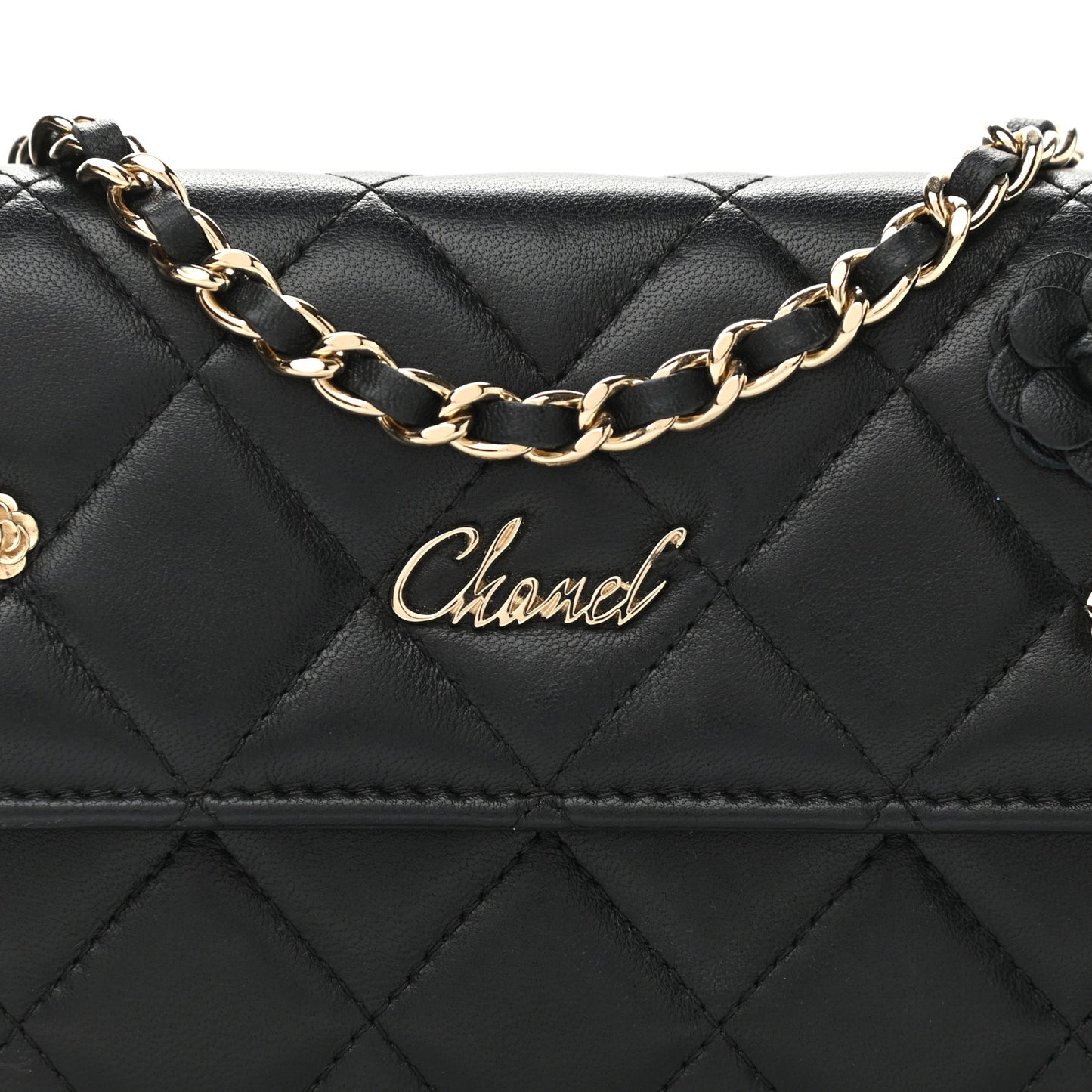 Lambskin Camellia Wallet on Chain WOC Black